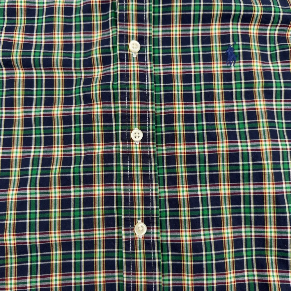 Ralph Lauren Boys Green Navy Plaid Button Down Shirt Natural Stretch Large 14-16